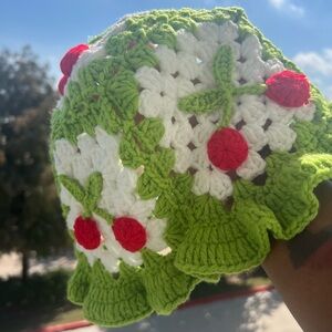 Crochet Green and White Hat with Red Accents